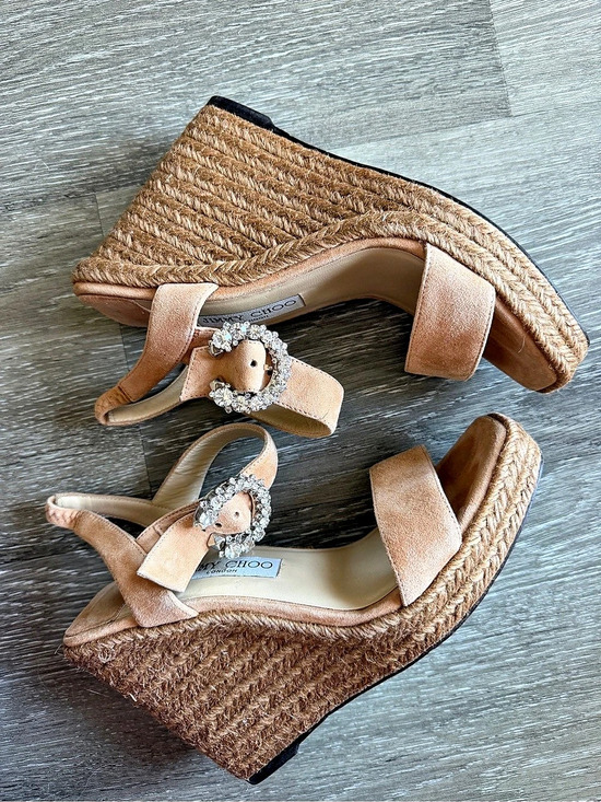 Jimmy Choo Shoes - Jimmy Choo Mirabelle Crystal-Buckle Suede Espadrille Wedge Sandals Brown